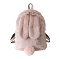 Pink plush rabbit backpack with cute long ears and fuzzy pompom tail for girls - Pink