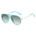 Fashionable aviator sunglasses with sky blue frame and gold metal temples in 45-degree view - Blue Frame Green Lenses