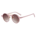 Retro round pink sunglasses with gold double bridge and gradient lenses on white background - Jelly Pink Frame Gradient Tea Lens