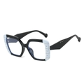 Square black sunglasses with blue rivet accents and wide tapered temples fashion - Black and White Frame