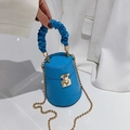 Bright blue crocodile texture bucket bag with ruched handle and golden chain strap - Blue