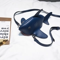 Deep blue shark-shaped crossbody mini bag with vivid red lining and adjustable strap - Dark Blue