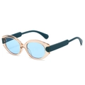Retro oval cat-eye sunglasses with transparent pink frame and blue lenses in 45-degree view - Champagne Frame Blue Lens