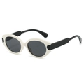 Retro oval cat-eye sunglasses with white frame and black temples against white background - White Frame Dark Grey Lens