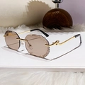 Luxurious rimless geometric sunglasses with tan lenses and gold metal temples - Transparent Coffee (B62)