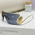 Frameless oversized sunglasses with dark grey lenses and gold swan-shaped metal accents - Solid Grey