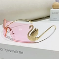 Pink rimless oversized sunglasses with gold swan accents and metallic temple frames - Transparent Pink R473