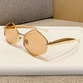 Fashionable hexagonal geometric sunglasses with gold metal frame and orange tinted lenses - Bright Gold Frame Champagne Lens (B829)