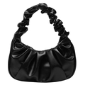 Minimalist black ruched PU leather cloud bag with crescent shape and pleated handle - Black