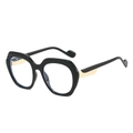 Fashionable oversized polygonal sunglasses featuring a black frame with gold metal temples - Black Frame (Clear Lenses)