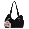 Black vintage minimalist tote bag with silver buckles and a cute plush rabbit pendant - Black With Pendant