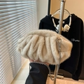Beige imitatiebont schelptas met elegante zilveren ketting voor herfst en winter - Khaki