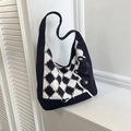 Borsa hobo alla moda con simpatico gatto nero e motivo geometrico a griglia intrecciata - Nero/Gatto a Rete