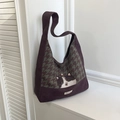 Borsa hobo in tela viola scuro con cuciture pied-de-poule e stampa gatto carino - Caffè/Gatto Pied de Poule