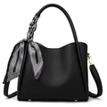 Schwarze Handtasche aus Leder mit Schal am Griff und abnehmbarem Schultergurt - Schwarz + Schal