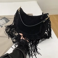 Bolso tote retro de ante negro con flecos largos y herrajes dorados elegantes - Negro