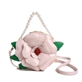 Elegante borsa a tracolla a fiore di camelia rosa con manico di perle e foglia verde - Rosa