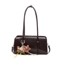 Minimalist dark brown glossy shoulder bag with vintage long straps and cute pendants - Coffee (With Pendant)