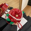 Red 3D rose flower crossbody bag with pearl chain strap and glossy leather finish - Red