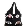 Borsa tote in peluche nera con quattro simpatici animali 3D e decorazioni con frange - Nero