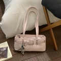 Minimalist light pink underarm bag with decorative belt buckle and pearl tassel charm - Pink