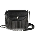 Schicke schwarze PU-Leder-Fransentasche mit Silberketten und rundem Metallverschluss - Flap Twist Lock Stil (款式1) / Schwarz