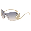 Fashionable rimless oversized gradient sunglasses with gold swan rhinestone detail - Gold Frame Blue Yellow Gradient Lens