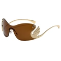 Frameless oversized wrap sunglasses with brown gradient lenses and gold swan-shaped temples - Gold Frame Tea Lens
