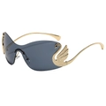 Frameless oversized sunglasses featuring golden swan temple and crystal embellishments - Gold Frame Black Grey