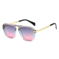 Modern double bridge square sunglasses with gradient blue-pink lenses and gold metal arms - Gray Blue Frame Gray Pink Lens