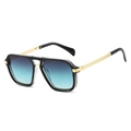 Modern double bridge square sunglasses with blue gradient lenses and gold striped temples - Black Transparent Frame Green Lens