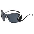 Fashionable rimless black shield sunglasses with unique swan-shaped temple design - Black Frame Black Grey Lens