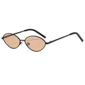 Retro oval metal sunglasses with amber lenses and slim black frames for outdoor style - Black Frame Light Tea Lens