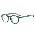 Classic round translucent dark green eyeglass frames with rivets shown at a 45-degree angle - Green Frame