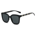 Vintage oversized square black sunglasses with unique golden bamboo-style metal temples - Black Frame Black Grey Lens