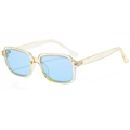 Square frame sunglasses in transparent light yellow with blue lenses and product details - Clear Frame Blue Lens