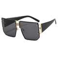 Fashionable polygon oversized sunglasses with gold H-shaped metal accent on black frames - Black Frame Black Grey Lens