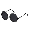 Fashionable round sunglasses with black lenses and scalloped metallic floral frames - Gold Frame Black Grey