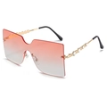 Chic oversized rimless gradient sunglasses with golden metal temples and rhinestones - Gold Frame Gray Pink Lens