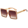 Fashionable square frame sunglasses with gold chain temples and gradient brown lenses - Transparent Tea Frame Double Brown Lens