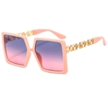 Modern square peach pink sunglasses with gradient lenses and gold greek key metal temples - Pink Frame Gray Pink Lens