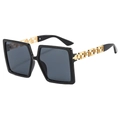 Black oversized square sunglasses featuring elegant gold hollow Greek key temple design - Black Frame Black Grey Lens