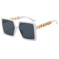 Fashionable oversized square white sunglasses with golden Greek key hollow metal temples - White Frame Gray Lens