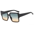 Retro square black sunglasses with blue to orange gradient lenses and rivet details - Black Frame Green Yellow Lens