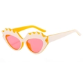 Retro cat-eye sunglasses with yellow frame, white wavy accents, and pink lenses - White Yellow Frame Pink Lens