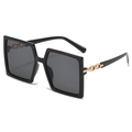 Fashion oversized square black sunglasses with golden metal chain detail on the frame - Black Frame Grey Lens