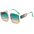 Square gold sunglasses with teal to yellow gradient lenses and decorative green temple tips - Gold Frame Blue Yellow Gradient Lens