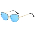 Frameless hexagonal blue sunglasses with gold engraved temples and diamond cut edges - Gold Frame Mirrored Blue Lens