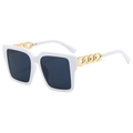 Fashion square white sunglasses with thick frames and oversized gold chain temples - White Frame Gray Lens