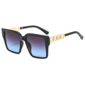 Fashionable black square sunglasses with gold chain temples and blue-purple gradient lenses - Black Frame Grey Blue Lens